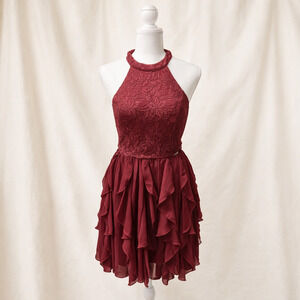 Xtraordinary Romantic Brugundy Lace Halter Size 5 Dress Chiffon Fairycore Formal